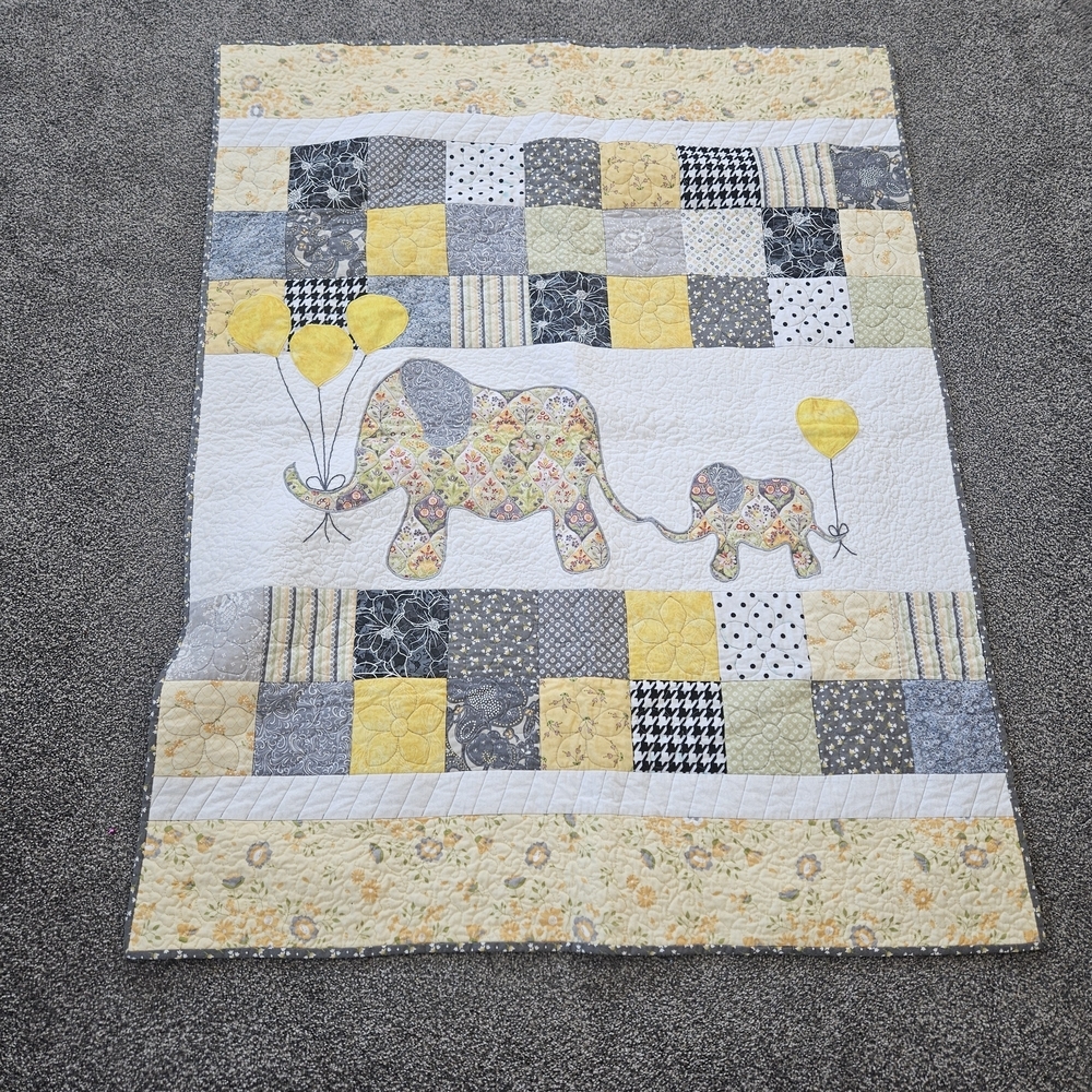 Patchwork Elephant Baby Quilt - Yellow and Gray